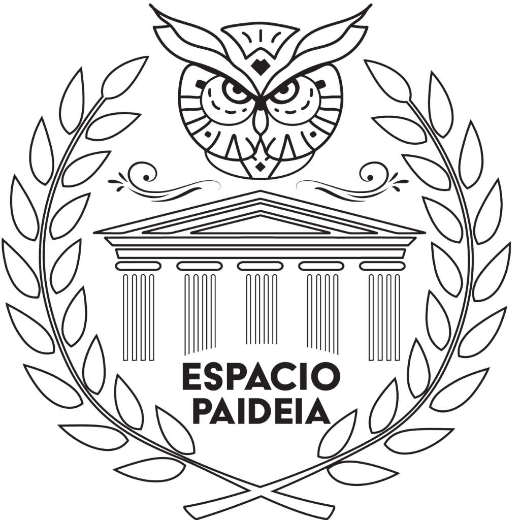 Logo oficial de Espacio Paideia con búho, templo clásico y ramas de laurel